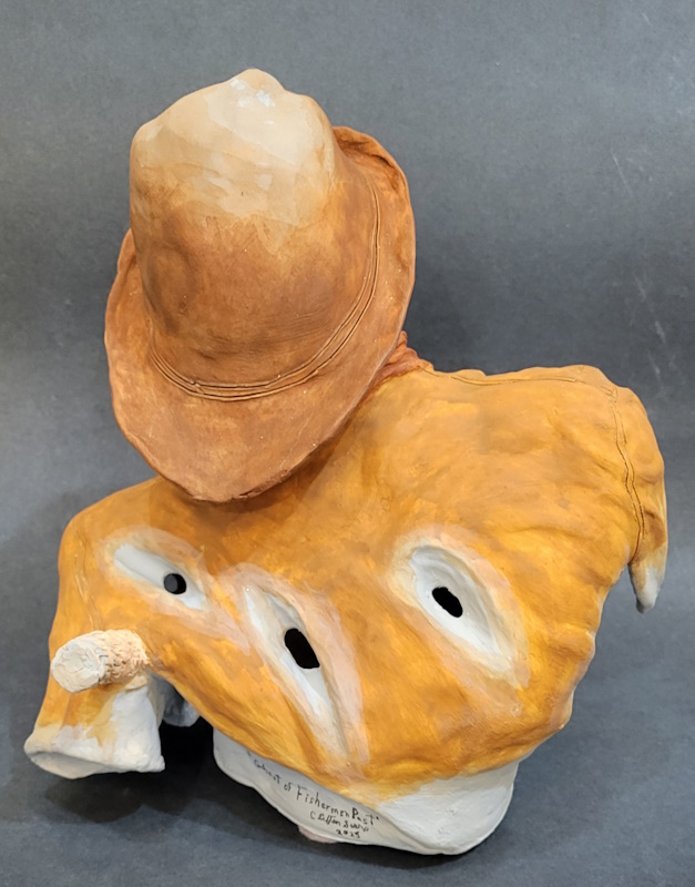 a fisherman's ghost sculpture, back view